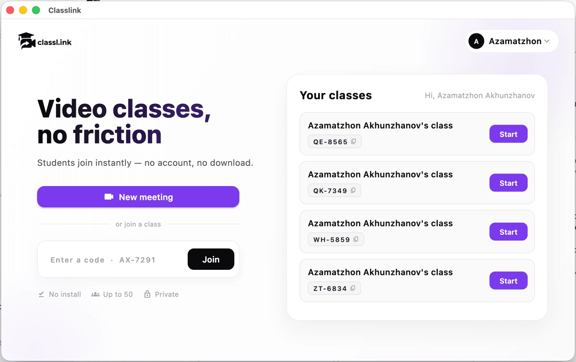 Classlink — start a new meeting or join a class in one click